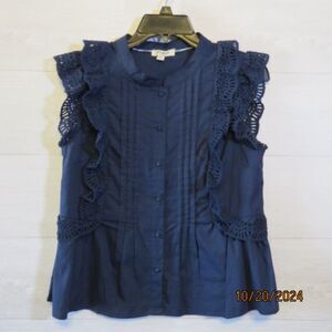Umgee Womens Blue Button Down Double Ruffle Sleeveless 100 % Cotton Size S Boho